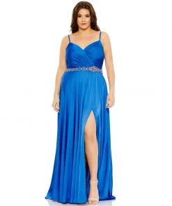 Mac Duggal Beaded Belt Faux Wrap A Line Gown (Plus) Shop For