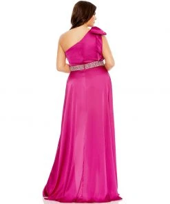 Mac Duggal Bow One Shoulder Faux Wrap Gown (Plus) Shop For