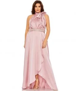 Mac Duggal High Neck Soft Tie Beaded Belt Gown (Plus)