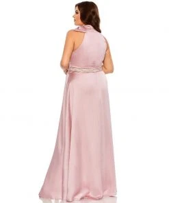 Mac Duggal High Neck Soft Tie Beaded Belt Gown (Plus)