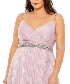 Mac Duggal Rhinestone Belt Faux Wrap Ruffle Tulip Hem Gown (Plus)