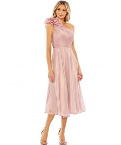 Mac Duggal New Arrivals Rosette One Shoulder Tea Length Dress