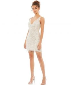 Mac Duggal Beaded Fringe Sequined Mini Dress