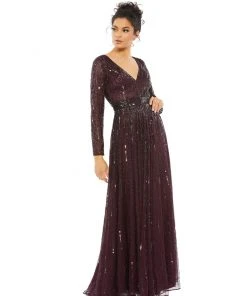 Mac Duggal Sequined Long Sleeve Plunging V-Neck Gown Shop For