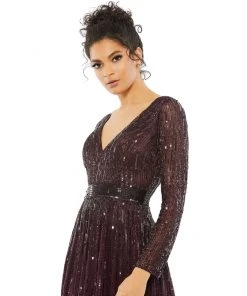 Mac Duggal Sequined Long Sleeve Plunging V-Neck Gown Shop For