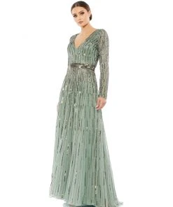 Mac Duggal Sequined Long Sleeve Plunging V-Neck Gown Shop For