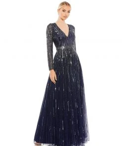 Mac Duggal Sequined Long Sleeve Plunging V-Neck Gown Shop For