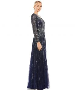 Mac Duggal Sequined Long Sleeve Plunging V-Neck Gown Shop For