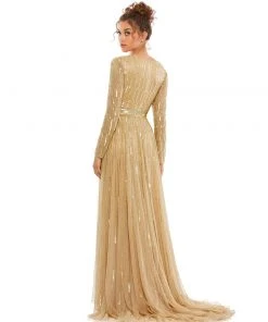 Mac Duggal Sequined Long Sleeve Plunging V-Neck Gown Shop For
