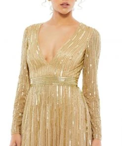 Mac Duggal Sequined Long Sleeve Plunging V-Neck Gown Shop For