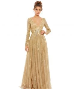 Mac Duggal Sequined Long Sleeve Plunging V-Neck Gown Shop For
