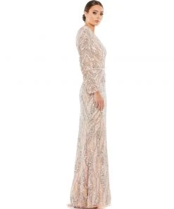 Mac Duggal Embellished One Sleeve Gown W/ Sequin Belt