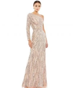 Mac Duggal Embellished One Sleeve Gown W/ Sequin Belt