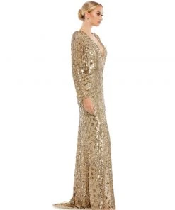 Mac Duggal Shop For Embellished Front Slit Long Sleeve Gown