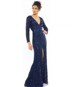 Mac Duggal Shop For Embellished Front Slit Long Sleeve Gown