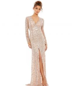 Mac Duggal Shop For Embellished Front Slit Long Sleeve Gown