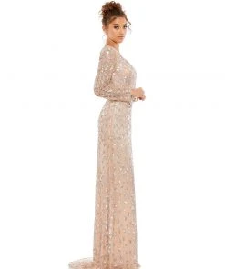 Mac Duggal Shop For Embellished Front Slit Long Sleeve Gown
