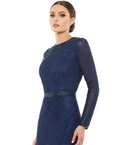 Mac Duggal Lattice Beaded Long Sleeve Evening Gown