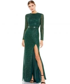 Mac Duggal Lattice Beaded Long Sleeve Evening Gown