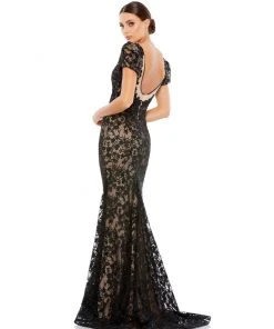 Mac Duggal Shop For Lace Plunge Neck Short Puff Sleeve Trumpet Gown