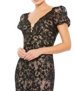 Mac Duggal Shop For Lace Plunge Neck Short Puff Sleeve Trumpet Gown