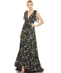 Mac Duggal Floral Print Soft Tie Sleeveless Tiered Gown Shop For