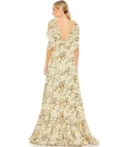 Mac Duggal Floral Print Soft Tie Sleeveless Tiered Gown Shop For