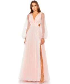 Mac Duggal Shop For Tulle Puff Sleeve Cut Out Lace Up A Line Gown