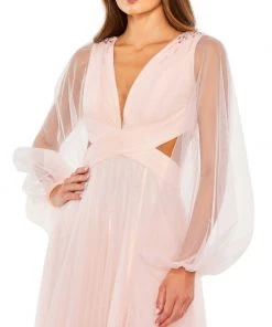 Mac Duggal Shop For Tulle Puff Sleeve Cut Out Lace Up A Line Gown