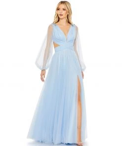 Mac Duggal Shop For Tulle Puff Sleeve Cut Out Lace Up A Line Gown