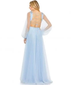 Mac Duggal Shop For Tulle Puff Sleeve Cut Out Lace Up A Line Gown
