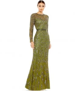 Mac Duggal Beaded Long Sleeve Evening Gown
