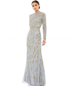 Mac Duggal Beaded Long Sleeve Evening Gown
