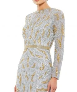 Mac Duggal Beaded Long Sleeve Evening Gown