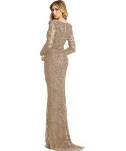 Mac Duggal Beaded Illusion Plunge Neck Long Sleeve Gown Shop For
