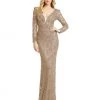 Mac Duggal Beaded Illusion Plunge Neck Long Sleeve Gown Shop For