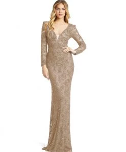 Mac Duggal Beaded Illusion Plunge Neck Long Sleeve Gown Shop For