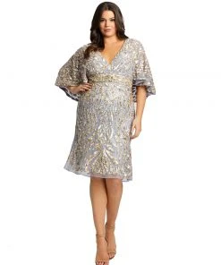 Mac Duggal Short Dresses Embellished Cape Sleeve Cocktail Dress (Plus)