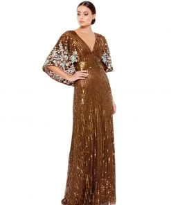 Mac Duggal Sequined V Neck Floral Embellished Cape Sleeve Gown Shop For