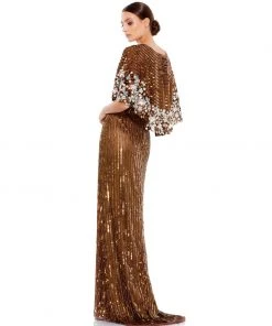Mac Duggal Sequined V Neck Floral Embellished Cape Sleeve Gown Shop For