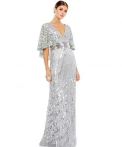 Mac Duggal Sequined V Neck Floral Embellished Cape Sleeve Gown Shop For