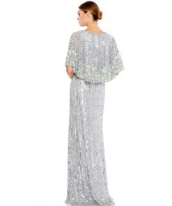 Mac Duggal Sequined V Neck Floral Embellished Cape Sleeve Gown Shop For