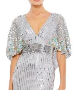 Mac Duggal Sequined V Neck Floral Embellished Cape Sleeve Gown Shop For