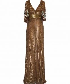 Mac Duggal Sequined V Neck Floral Embellished Cape Sleeve Gown Shop For