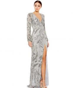 Mac Duggal Sequined Faux Wrap Split Long Sleeve Gown Shop For