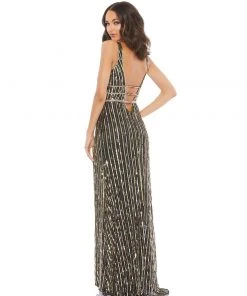 Mac Duggal Shop For Metallic Embellished Plunge Neck Open Back Gown