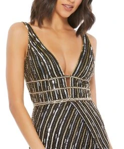 Mac Duggal Shop For Metallic Embellished Plunge Neck Open Back Gown