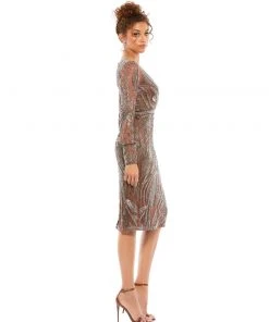 Mac Duggal Long Sleeve Beaded Surplice Cocktail Dress Cocktail Dresses