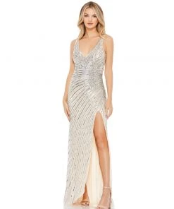 Mac Duggal Faux Wrap Sequined Evening Gown