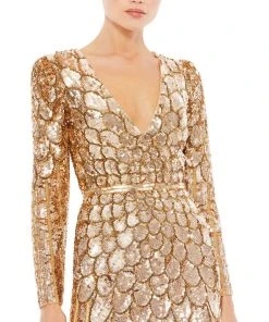 Mac Duggal Bridesmaid Dresses Metallic Sequined Long Sleeve Gown
